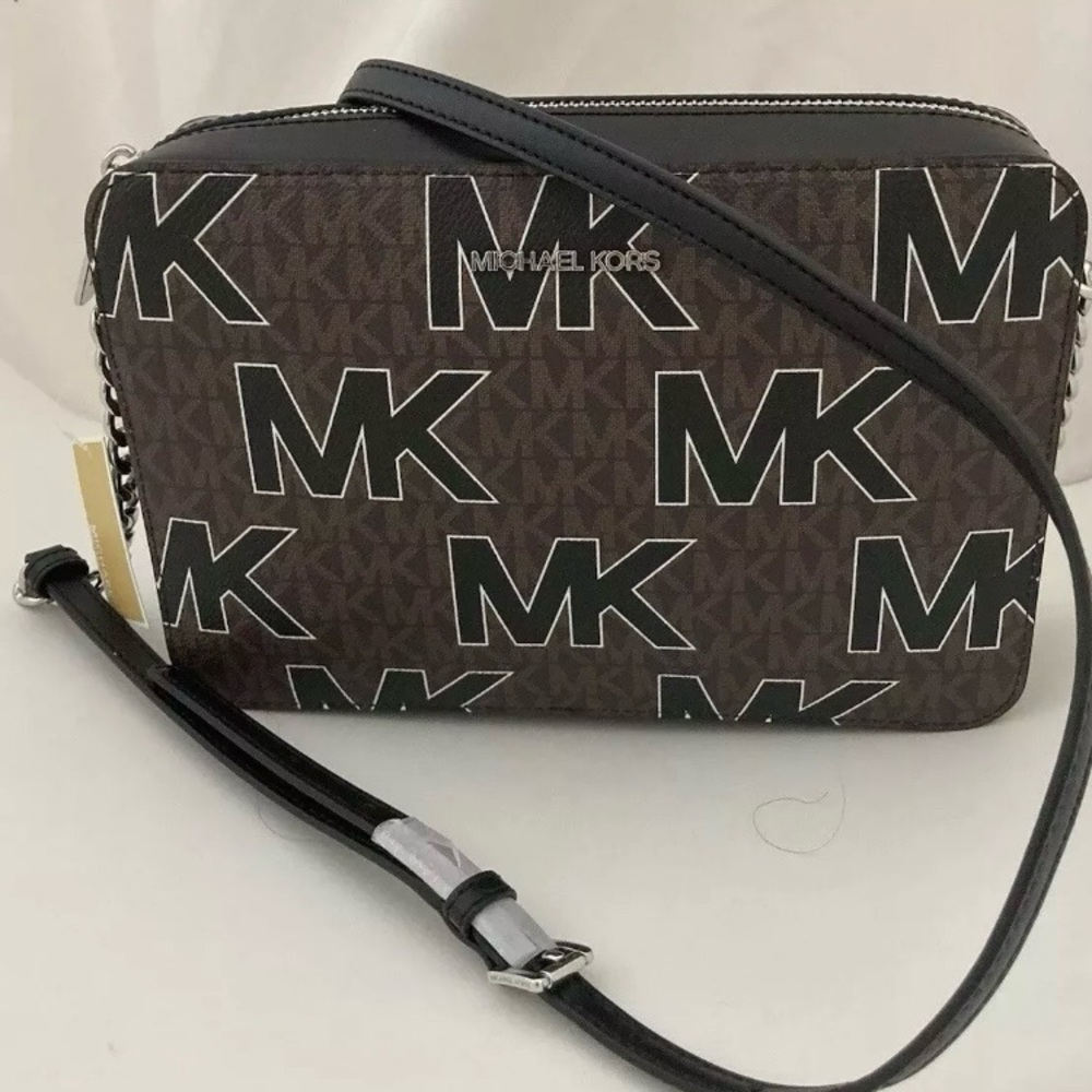 Michael Kors Jet Set Large EW Monogram Crossbody Shoulder Bag Brown/Black NWT